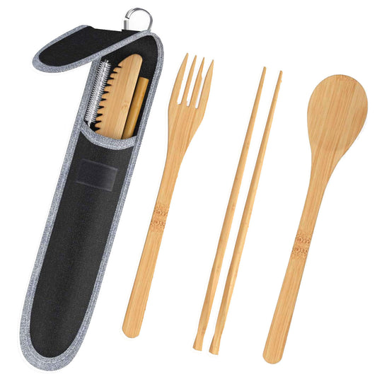 Portable bamboo travel cutlery set with pouch
