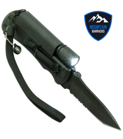 Tactical Survival Knife With Built In Fire Starter, LED Flashlight & Whistle